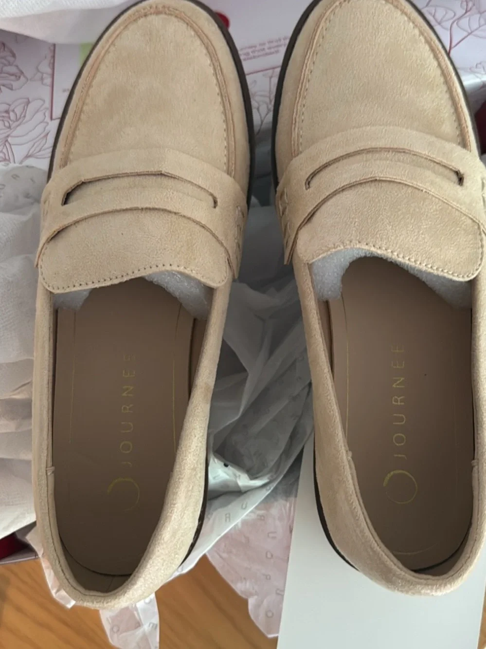 Journee Collection Beige Suede Lug Sole Loafers